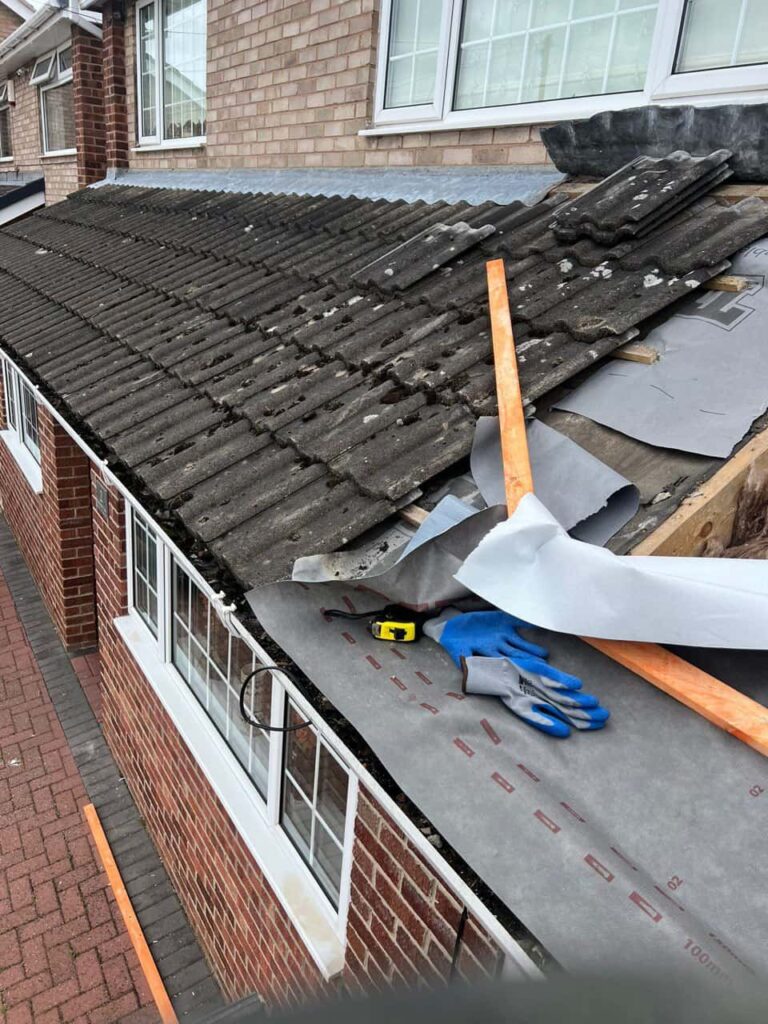 This is a photo of a pitched roof which is being repaired. The existing roof was leaking badly. Works carried out by South Normanton Roofing Repairs